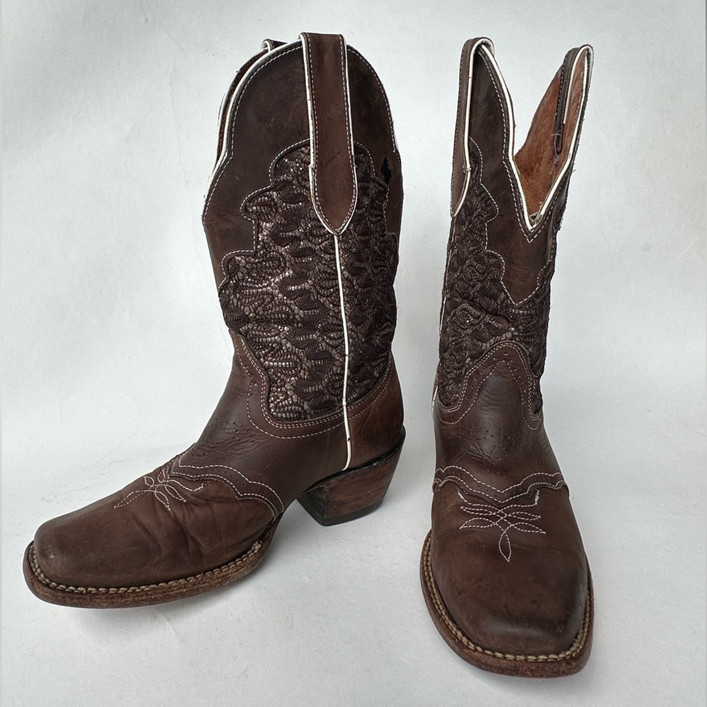 Big Bull Western Style Boots Brown Lace Sequins Square Toe Mexico Women’s 7,5